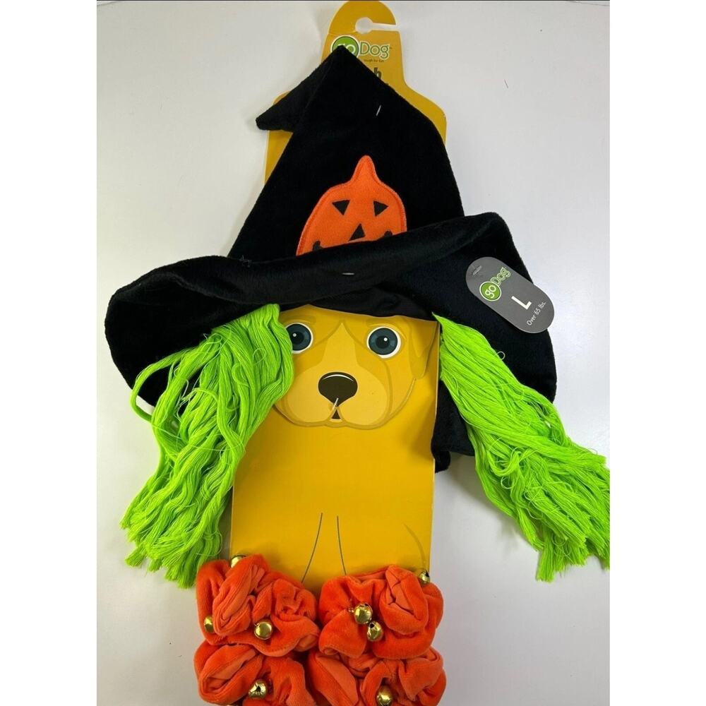 GoDog Witch Halloween Costume Dogs L (over 65 lb) Hat & 4 Paw Scrunchies Bells